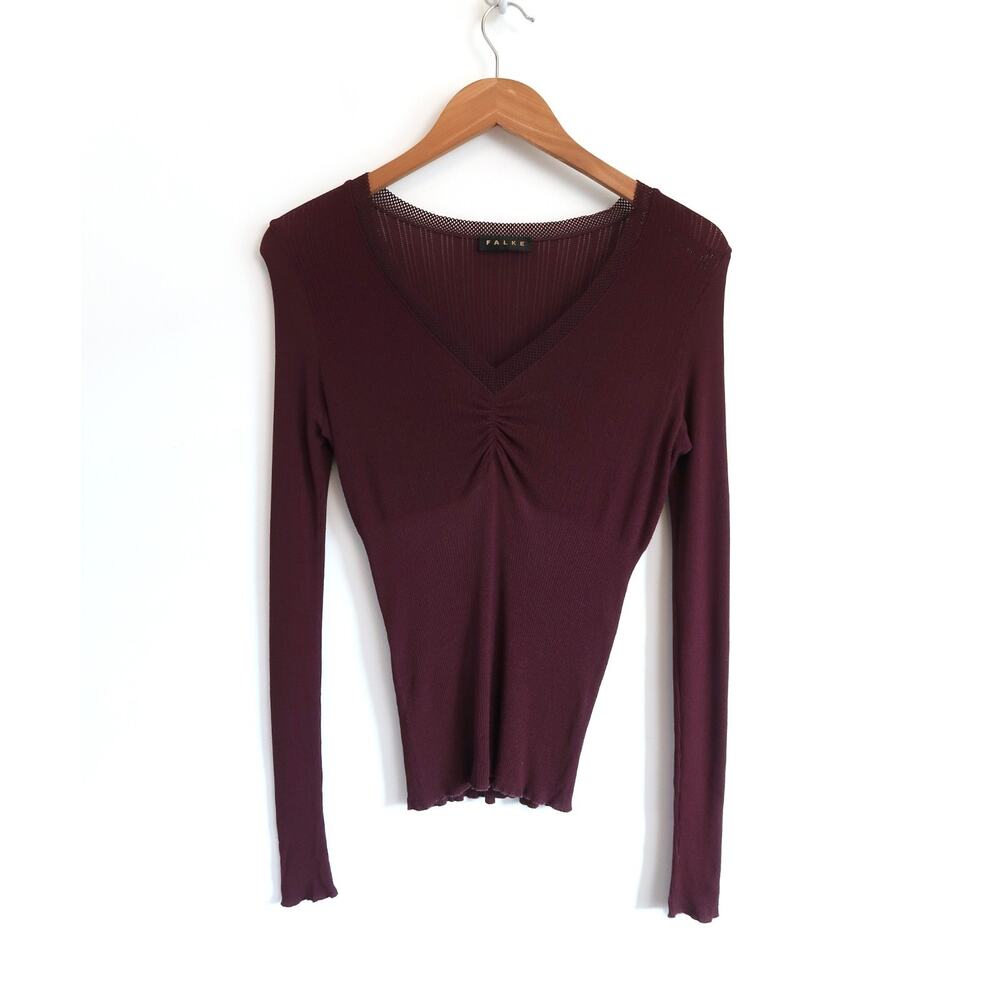 FALKE Pointelle Rib Lace Long Sleeve Gathered V-Neck Tee Top Net-A-Porter M $178